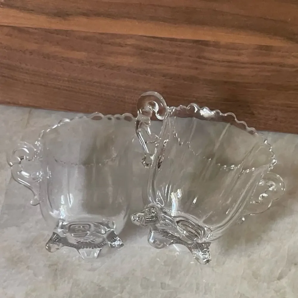 Vintage crystal  glass footed creamer and sugar set 2-1/2
